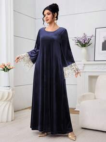 Al Najma Áo dài tay cổ tròn thêu lưới - Màu xanh lam - Xem 7