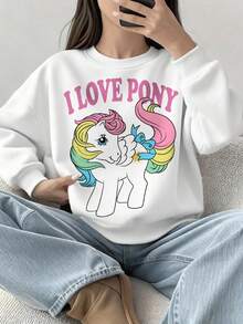 My Little Pony X SHEIN 少女休闲小马印花长袖圆领卫衣，适合秋冬季穿着 - 白色 - 查看 7