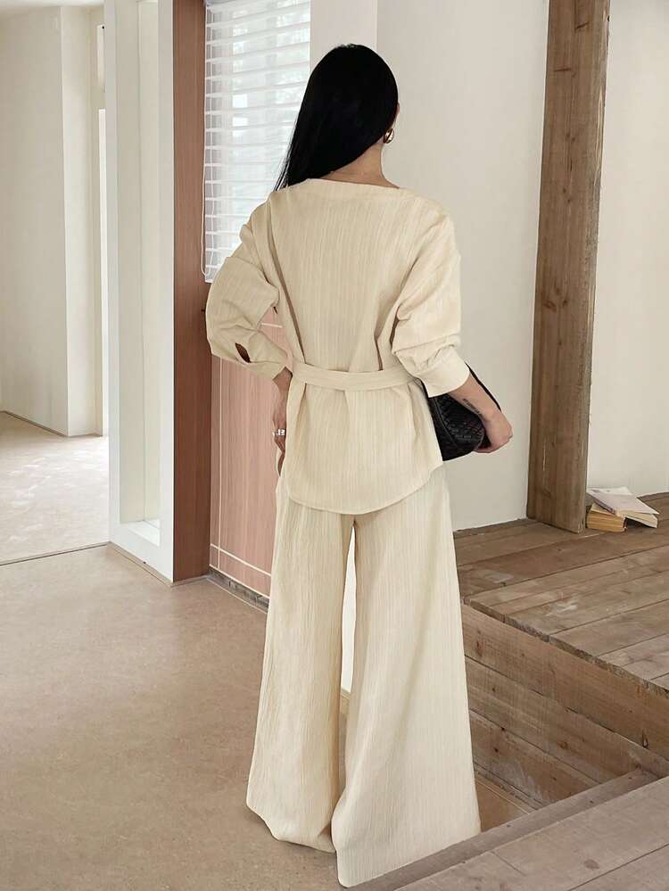 2pcs Women's Elegant Formal Solid Color Textured Loose Long Sleeve Belted Top And Wide Leg Pants Set, Spring/Autumn