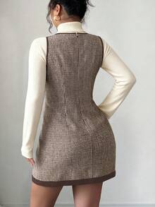 Elenzga Women's Elegant Round Neck Sleeveless Houndstooth Patchwork Wool Blend Dress, Suitable For Casual, Office, And Daily Wear, Autumn/Winter - Coffee Brown - View 2