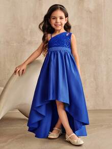 SHEIN Elladie kids 女童圣诞礼服、派对礼服、新年礼服、适合儿童的公主裙、不对称露背亮片礼服、蓝色礼服、蓬蓬裙、生日派对礼服、婚礼司仪礼服、中东和欧洲四季礼服、嘉年华礼服。 - 寶藍色 - 查看 3