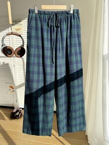 SHEIN EZwear 大码系带复古学院格子裤，秋冬 - 綠色 - 查看 7