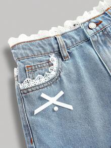 SHEIN Girlism Tween Girl Spring Summer Light Lace Trim Pocket Pearl Decor Loose Wide Leg Blue Denim Jeans, Vestidos Elegant Para Fiesta, New Year Elegant,Pants For New Year's Eve, Streetwear Vintages, Comfortable And Versatile, For 8-12 Years Old Girls, Suitable For School, Home And Travel - Light Wash - View 4