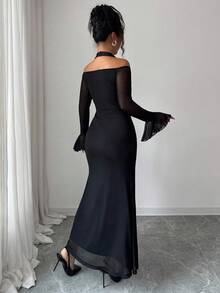 Elenzga Women's Elegant Halter Neck Patchwork Flare Sleeve Long Sleeve Dress, Autumn - Black - View 2