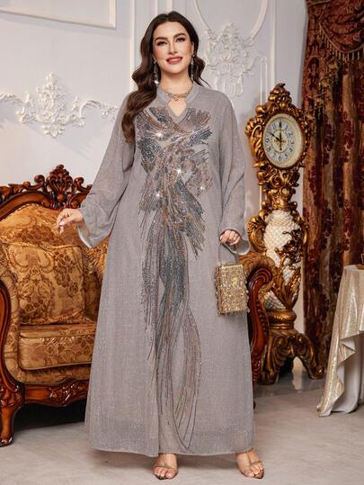 Layrah Plus Size Women's Sequin Decor V-Neck Long Sleeve Elegant Luxury Arabic Style Maxi Dress Kaftan Jalabiya Dress