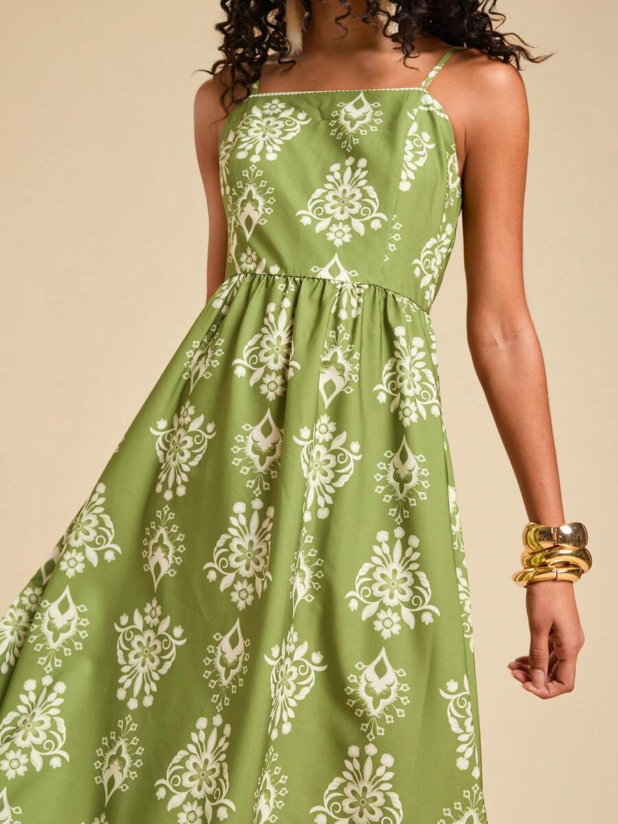 Travachic Boho Green Random Print Long Flared Cami Dress With Pockets ...