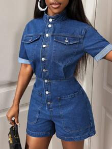 BamGleam Women's Short Sleeve Single-Breasted Casual Pocket Denim Jumpsuit - Dark Wash - View 7