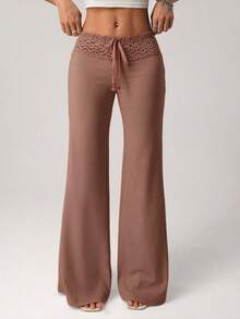 SHEIN ICON Women's White Knit Patchwork Waistband Beaded Drawstring Straight Leg Loose Casual Vacation Pants - Brown - View 4