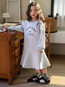 DAZY 女童圆领保暖内衬休闲韩版字母印花长袖连衣裙，秋冬款 - 灰色 - 查看 5