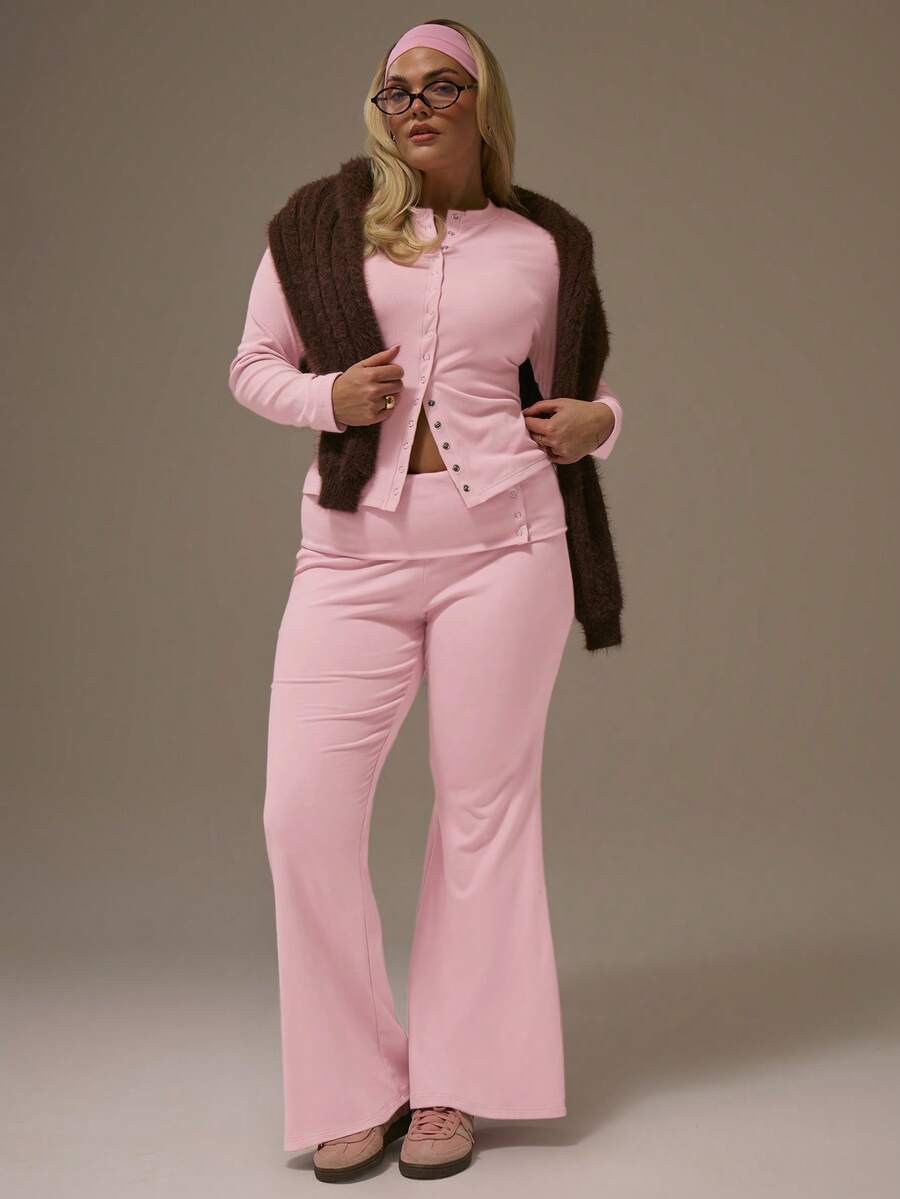 MUSERA Plus Fold Over Waistband Flare Popper Detail Trousers Autum Curve Valentines Day Casual Summer - Pink - View 1