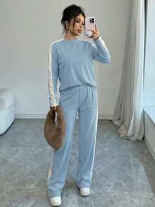 SHEIN PETITE 2pcs Women Casual Elegant Office/Commute/School Crew Neck Color Block Long Sleeve T-Shirt And Straight Leg Pants Set, Autumn/Winter - Blue - View 5