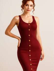 Vestido Sexy Dama Premium Vestido Entallado Vestido Botones Frontales Abertura Elegante Vestido Tirantes Vestido Ajustable Vestido Con Botones - vino - Ver 3