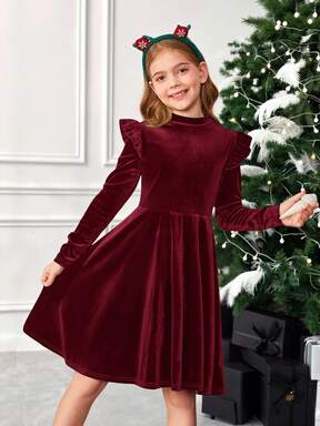 SHEIN Serisse Kids Tween Girl enfärgad sammetsstickad klänning med volangkant, långärmad, perfekt för vardagskläder och skolkläder på hösten och vintern, röd färg, till jul, festkläder, födelsedagsklänning, prinsessklänning.