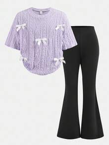 SHEIN Serisse Kids 少女宽松针织提花圆领套头衫和喇叭裤两件套 - 淡紫色 - 查看 14