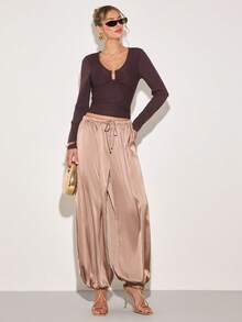 COSMINA Women's Satin Waist Tie Ruched Wide Leg Loose Harem Pants, Drawstring Pants. Satin Pants - Brown - View 5