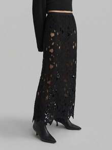 Ontre 2026SS New Spring/Summer Outfit, Black Hollow-Cut Lace Fabric, Loose Fit Women's Skirt, Elegant For Parties, High-End Sophisticated Urban Casual Business Attire, Low-Key Refined Vibe, High-Quality Airport Fashion, Versatile Layering Piece, Thanksgiving Outfit - Black - View 3