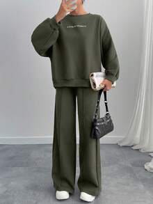 EURMUSE Women Slogan Print Round Neck Drop Shoulder Long Sleeve Casual Sweatshirt And Pants Set - Army Green - View 7