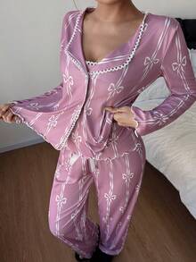 Dream Adore 3件套蕾丝边蝴蝶结印花长袖开衫和吊带背心搭配长裤睡衣套装 - 藕粉色 - 查看 6