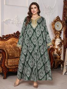 Al Najma Plus Size Women's Turkish Style Long Cardigan With Cashew Print, Floral Trim, Arabic Traditional Long Robe Kaftan Jalabiya Dress - Dark Green - View 6