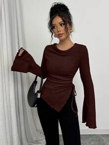 Selianne Women's Asymmetrical Hem Drawstring T-Shirt With Ruffle Collar And Bell Sleeves, Autumn/Winter