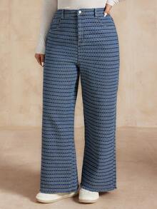 Dazy Plus 大码女式优雅修身直筒纹理面料长款休闲牛仔裤，适合所有季节 - 中等水洗藍 - 查看 7