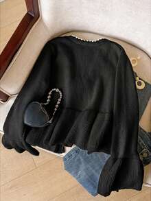SHEIN Unity Women's Contrast Color Tie Front Casual Long Sleeve Cardigan Black,Sweaters For Women - Black - View 2