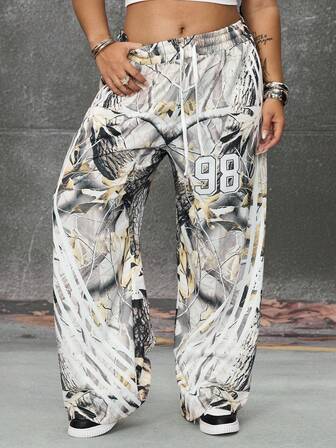 Grunge Punk Große Größen Hose mit weitem Bein und Baumzweig-Streifenmuster