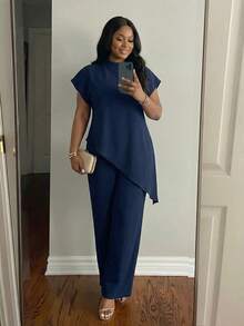 SHEIN Lady 2025新款加大码女式纯色圆领宽松不对称下摆优雅藏蓝色衬衫，冬季情人节派对 - 藏蓝色 - 查看 1