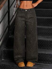 SHEIN Tall 时尚豹纹低腰水洗阔腿女式牛仔裤 - 彩色 - 查看 5