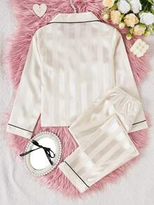 2pcs/Set Tween Girls Pajamas-Pajama Set Striped Turn Down Collar Button Up Long Sleeve Shirt With Pants Soft Luxury Loungewear Four Season Sleepwear 2026 New Year Essential Kids Silk Pajama Set - Multicolor - View 2