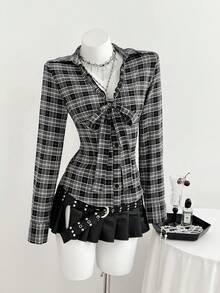 Elamini Women's Summer Plaid Top Waist-Cinching V-Neck Shirt For New Year Party Casual Wear - Black and White - View 5