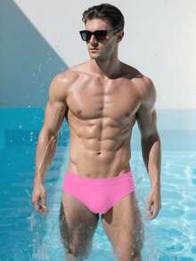 ZELFYO Men's Solid Color Breathable Summer Beach Swim Trunks - Pink - View 3