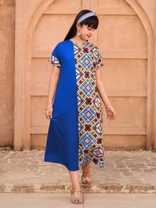 Tween Girl Arab Clothing Middle Eastern Style Blue And White Vintage Geometric Patchwork Dress,Summer Boho Family Matching V-Neck Jalabiya - Multicolor - View 7
