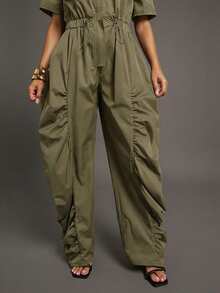 Vixey Ruched Wide Leg Drawcord Waist Woven Utility Jumpsuit - Green - View 4
