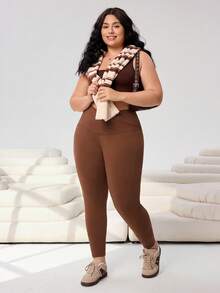 SHEIN EZwear Plus Size Women Solid Color Asymmetric Waist Everyday Versatile Skinny Leggings - Multicolor - View 3
