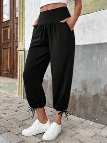 SHEIN LUNE 女士纯色口袋开衩系带七分裤，春夏休闲裤 - 黑色 - 查看 4