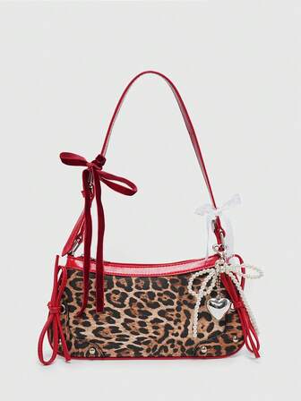 Kawaii Sac à bandoulière/sac aisselle style ballerine rétro pour femmes, décoré de papillon, imprimé léopard et faux perles. Sac à main femme imprimé animal pour l'automne-hiver. Nouveau sac femme imprimé tigre pour l'automne-hiver