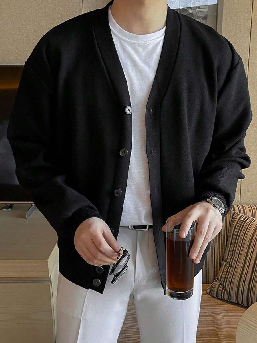 DAZY 男士休闲V领开衫，纯黑色，日常穿着，秋季款 - 黑色 - 查看 1