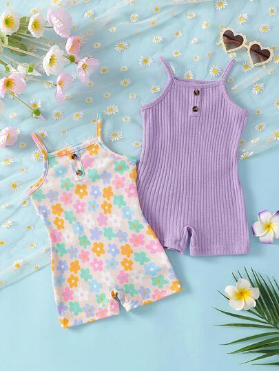 SHEIN Baby Girls' Casual Comfortable Colorful Floral Print Strap Romper 2-Piece Set