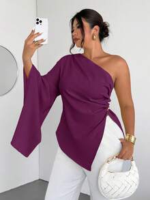 Firerie Áo kiểu nữ cỡ lớn thanh lịch, thời trang mới, thích hợp cho kỳ nghỉ, đi làm, đi chơi, mặc hàng ngày, một vai, tay dài, eo nhún bèo, trang trí kim loại, màu vàng/Ngày lễ tình nhân/Buổi hòa nhạc/Biểu diễn/Hẹn hò/Tiệc tối trang trọng/Tiệc chiêu đãi/Mùa cưới/Quyến rũ/Duyên dáng/Đi làm/Trở lại trường học/Kỳ nghỉ/Bãi biển/Phong cách lãng mạn/Nữ hoàng công sở/Phong cách nàng tiên cá/Tiệc sinh nhật/Ngày lễ tình nhân/Ngày lễ tình nhân dành cho phụ nữ - Màu đỏ tím - Xem 1