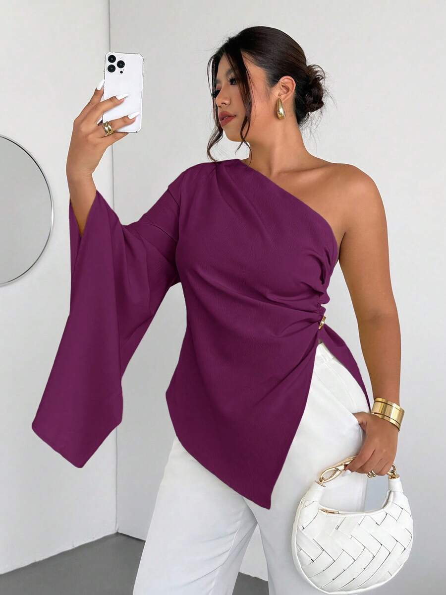 Firerie Áo kiểu nữ cỡ lớn thanh lịch, thời trang mới, thích hợp cho kỳ nghỉ, đi làm, đi chơi, mặc hàng ngày, một vai, tay dài, eo nhún bèo, trang trí kim loại, màu vàng/Ngày lễ tình nhân/Buổi hòa nhạc/Biểu diễn/Hẹn hò/Tiệc tối trang trọng/Tiệc chiêu đãi/Mùa cưới/Quyến rũ/Duyên dáng/Đi làm/Trở lại trường học/Kỳ nghỉ/Bãi biển/Phong cách lãng mạn/Nữ hoàng công sở/Phong cách nàng tiên cá/Tiệc sinh nhật/Ngày lễ tình nhân/Ngày lễ tình nhân dành cho phụ nữ - Màu đỏ tím - Xem 1