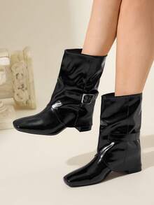 CUCCOO CHICEST Giày bốt cao gót giữa bắp chân, màu trơn, thường ngày, đa năng, thời trang dành cho nữ - màu đen - Xem 5