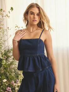 Aralina Soft Denim Fabric Spaghetti Strap Peplum Hem Fitted Bust Flowy Silhouette Summer Outfits For Women Cute Summer Tops Casual Top