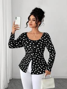 Elenzga 大码优雅通勤波点印花纽扣系带T恤，秋季款 - 黑與白 - 查看 5