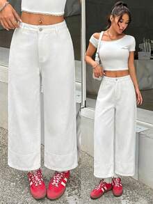 SHEIN PETITE 女士休闲低腰直筒七分牛仔裤 - 白色 - 查看 7