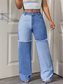 BamGleam Quần jeans denim ống rộng dáng rộng, thường ngày, có túi, viền tua rua dành cho nữ - Rửa nhẹ - Xem 4