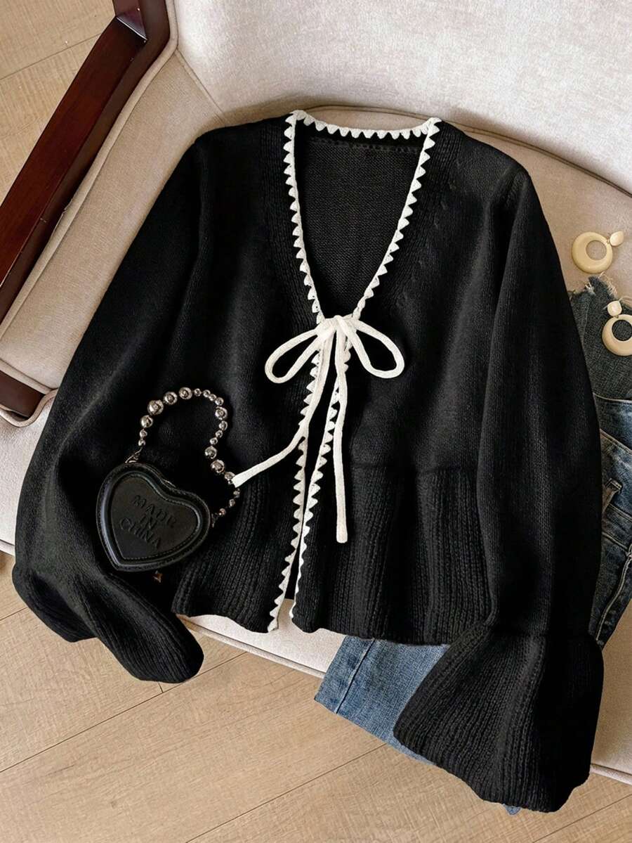 SHEIN Unity Women's Contrast Color Tie Front Casual Long Sleeve Cardigan Black,Sweaters For Women - Black - View 1