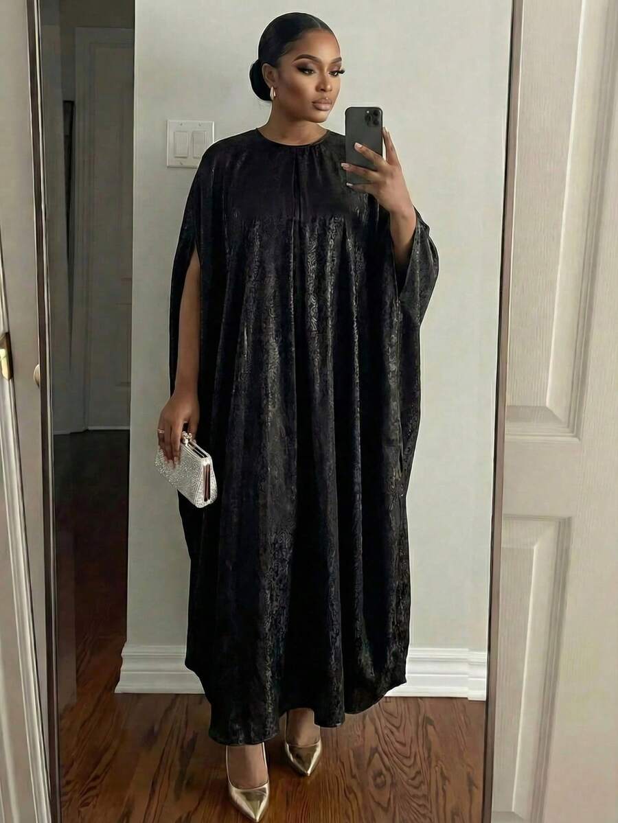SHEIN Lady 2025新款服装春夏优雅派对鸡尾酒会演唱会/音乐节彩色编织圆领舞会礼服连体袖长袖短袖大码连衣裙秋季女装婚礼宾客礼服女 - 黑色 - 查看 1