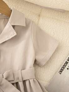 Girls' Solid Color Lapel Short Sleeve Tie Waist Dress - Grey - View 4
