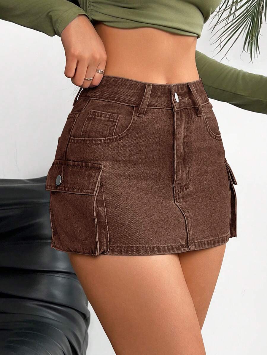 SHEIN PETITE Damen Utility Pocket Bodycon Lässig Jeans Mini Rock - Kaffeebraun - Übersicht 1